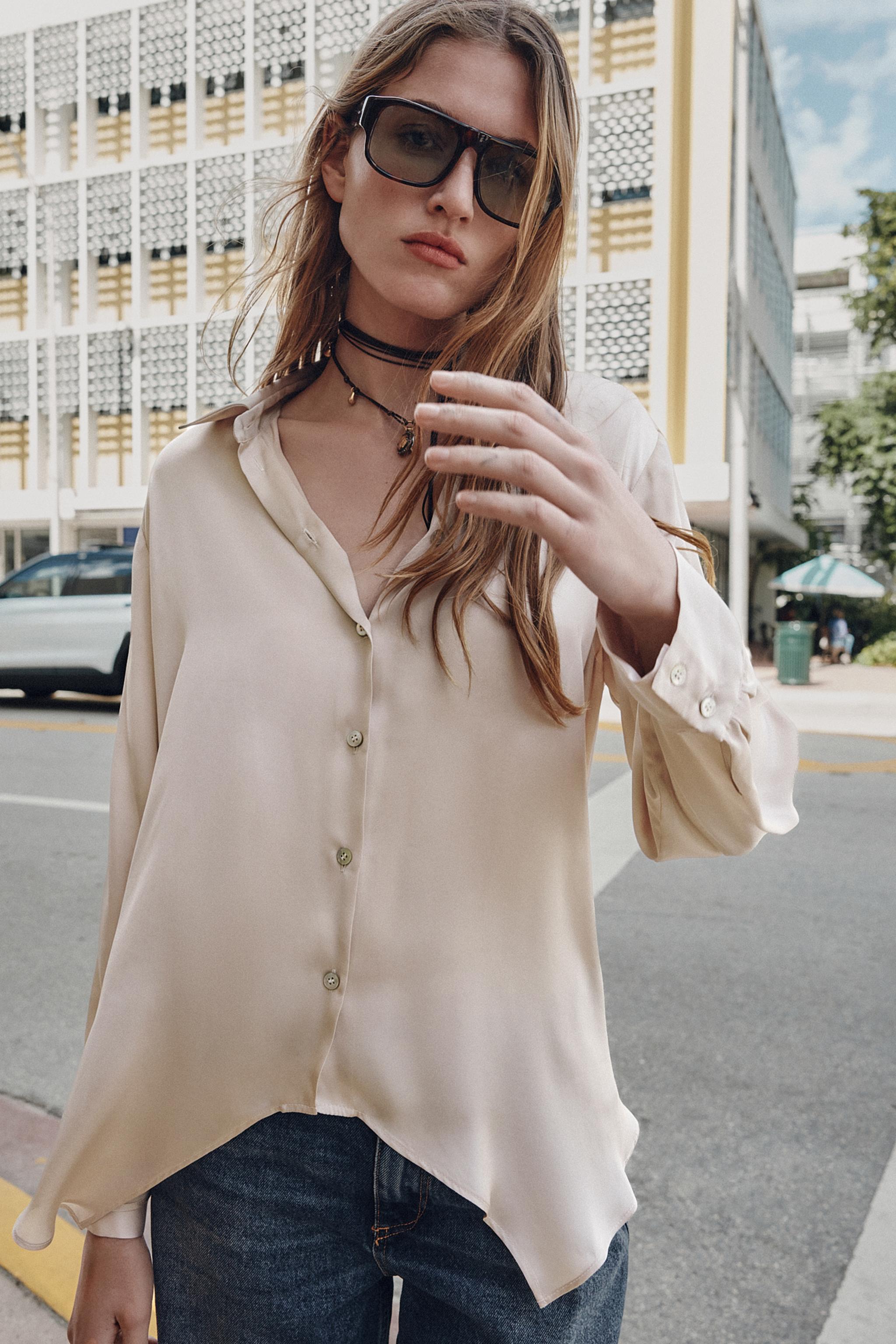 ASYMMETRIC HEM SATIN EFFECT SHIRT